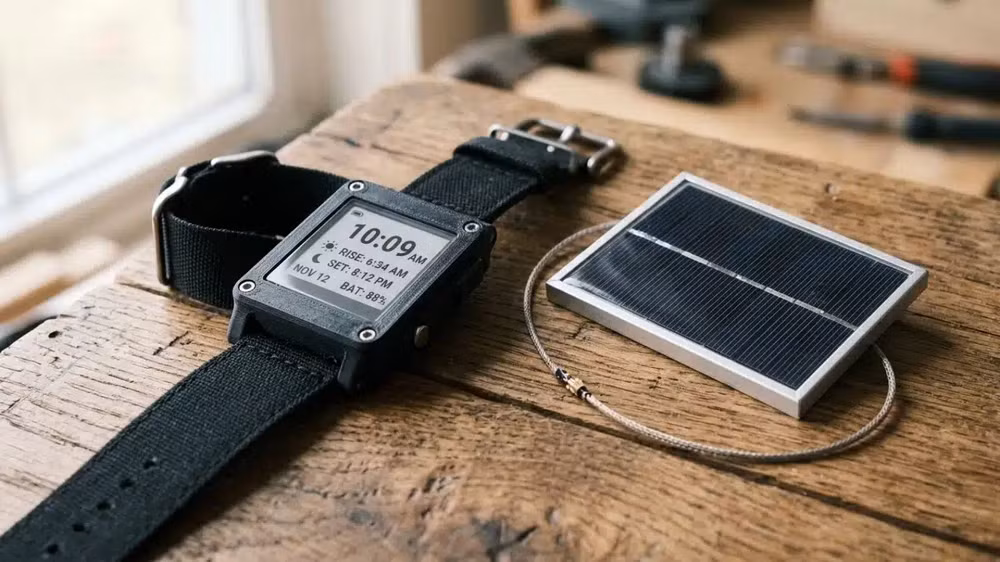 Khác với các mẫu đồng hồ thông minh thương mại như Garmin Fenix vốn giấu tấm pin mặt trời bên trong màn hình, LightInk lại phô bày hoàn toàn tấm pin năng lượng mặt trời trên mặt trước thiết bị, tạo nên ngoại hình đậm chất “cyberpunk” và kỹ thuật hơn hẳn smartwatch truyền thống.
