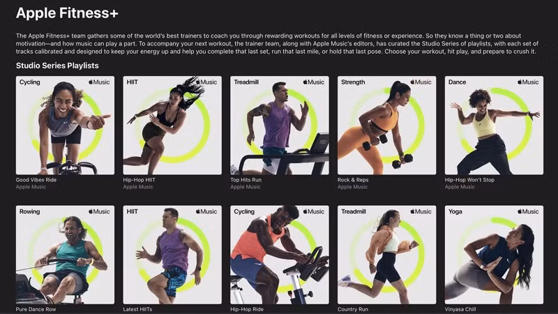 Fitness+ tích hợp Apple Music và Time to Walk, mang đến trải nghiệm âm nhạc và câu chuyện truyền cảm hứng.