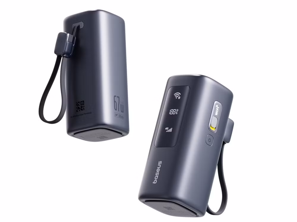 Pin dung lượng 20.000mAh hỗ trợ sạc nhanh 67W qua hai cổng USB-C và một cổng USB-A, đủ để sạc laptop, tablet và điện thoại.