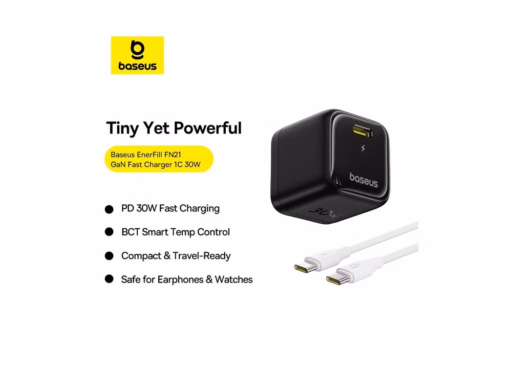 Đối với người dùng Android hoặc thiết bị USB-C đa nền tảng, Baseus EnerFill FN21 GaN 30W cũng là sản phẩm đáng cân nhắc khi được trang bị công nghệ kiểm soát nhiệt độ thông minh BCT, hỗ trợ sạc nhanh PD 30W và đi kèm cáp USB-C to USB-C giúp sử dụng ngay sau khi mở hộp.