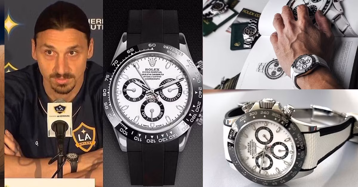 Chiếc Rolex Daytona 'Panda' (Ref. 116500LN) phiên bản phối dây cao su Rubber B là một điểm nhấn thể thao kinh điển trong bộ sưu tập của Zlatan Ibrahimović. Sự tương phản mạnh mẽ giữa hai sắc màu đen - trắng trên mặt số đã tạo nên danh tiếng của mẫu đồng hồ bấm giờ thể thao lấy cảm hứng từ đường đua tốc độ này. Đây là tạo tác đại diện cho kỹ nghệ cơ khí chính xác đỉnh cao, hoàn thiện phong cách sống năng động và gu chọn đồng hồ của cựu danh thủ. (Ảnh: Rubber B)