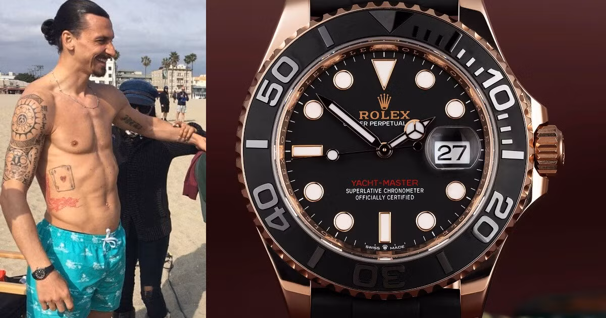 Bộ sưu tập của Zlatan Ibrahimović tiếp tục ghi nhận sự góp mặt của chiếc Rolex Yacht-Master (Ref. 126655) bằng vàng hồng Everose 18k. Sự kết hợp giữa bộ vỏ vàng độc quyền và mặt số đen bóng mang lại diện mạo sang trọng, đầy tinh tế. Thiết kế linh hoạt giúp cỗ máy này dễ dàng đồng hành cùng chủ nhân trong mọi hành trình từ đại dương đến các sự kiện thượng lưu. (Ảnh: Rubber B)