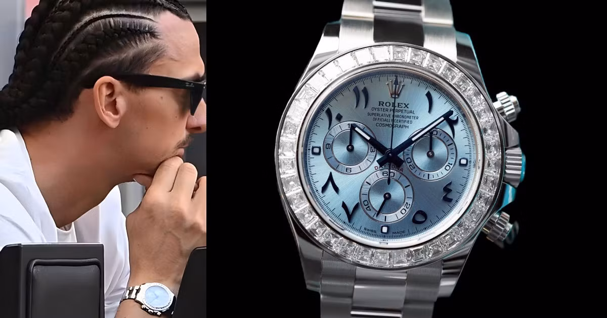 Cuối cùng là chiếc Rolex Daytona Arabic Dial (Ref. 116576TBR-0005), gây ấn tượng mạnh nhờ các cọc số bằng chữ Ả Rập nổi bật trên nền mặt số khảm trai. Được chế tác từ vàng trắng 18k cao cấp, siêu phẩm này còn được nạm kim cương và đá quý trên vành bezel và dây đeo, tạo nên một chỉnh thể xa hoa và lộng lẫy bậc nhất. Là sự giao thoa hoàn hảo giữa di sản văn hóa, nghệ thuật kim hoàn và kỹ nghệ cơ khí đỉnh cao. Đây được xem như một tuyên ngôn đanh thép cho phong cách độc bản và không thể thay thế cầu thủ người Thụy Điển. (Ảnh: Rubber B)