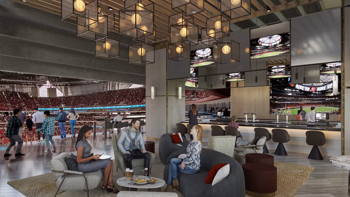 Mercedes-Benz Stadium còn nâng tầm trải nghiệm World Cup bằng các khu vực dịch vụ xa hoa, đáp ứng nhu cầu của những khán giả thượng lưu. The Lounge (thuộc tầng Suite S1) là biểu tượng của sự tinh tế. Với sức chứa giới hạn chỉ 154 khách, khu vực này sở hữu những hàng ghế bọc nệm cao cấp cùng tầm nhìn bao quát sân đấu (Ảnh: Mercedes-Benz Stadium)
