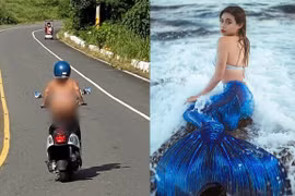 “Mỹ nhân ngư” mặc bikini phóng xe máy trên đường gây choáng