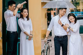 Bảo Thanh diện áo dài trắng, tình tứ bên ông xã mùa khai trường