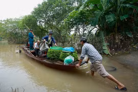 Mưa ngập, người dân bãi giữa sông Hồng phải đi lại bằng thuyền