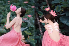 Hóa tiên nữ ao sen, “hot girl tên lạ” khoe lưng trần trắng nõn
