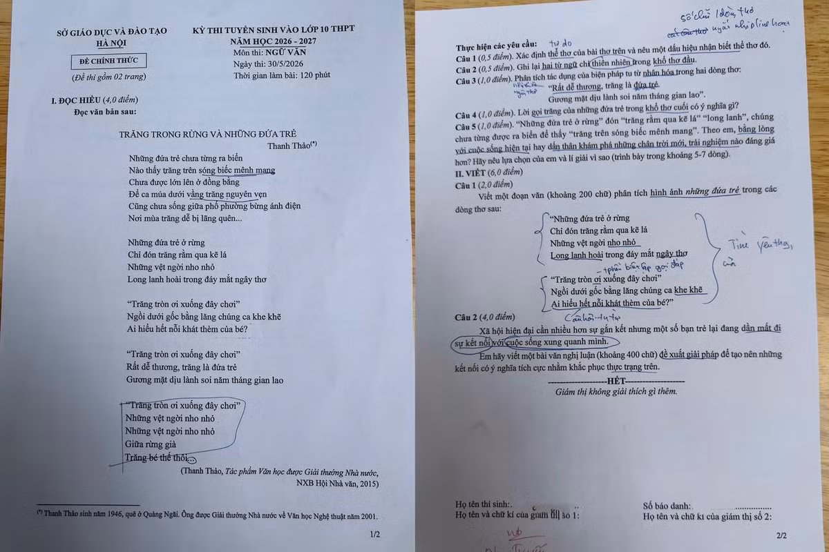 Đề thi môn Ngữ văn kỳ thi lớp 10 Hà Nội sáng 30/5