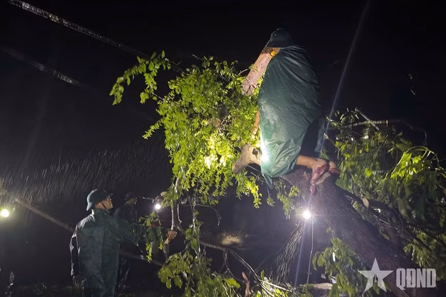 Lực lượng vũ trang xã Quảng Đức giúp nhân dân khắc phục hậu quả cây gãy đổ sau bão.