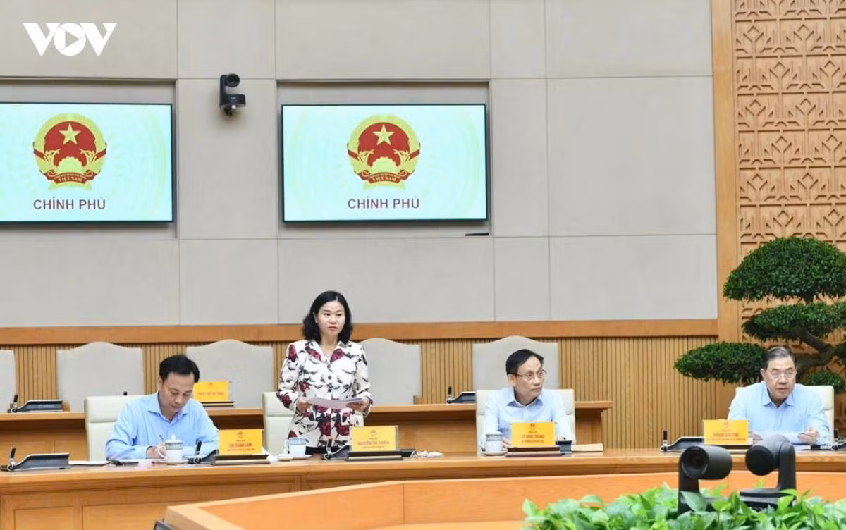 Phó Bí thư Đảng uỷ Chính phủ Nguyễn Thị Tuyến báo cáo tại Hội nghị