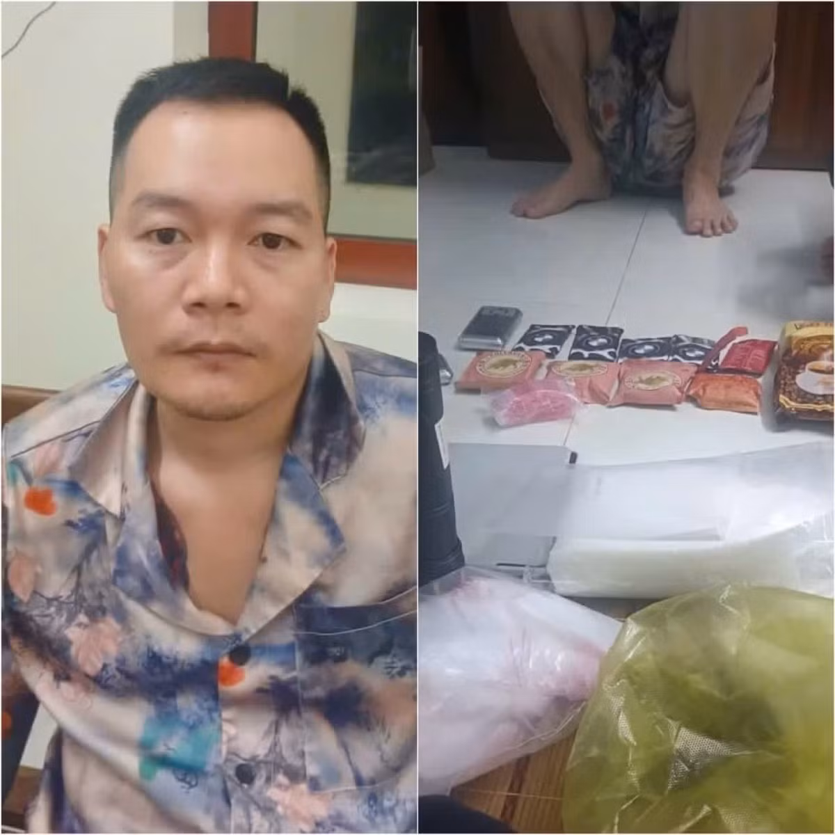 Đối tượng Hoàng Trung Hiếu cùng tang vật thu được tại nhà riêng.