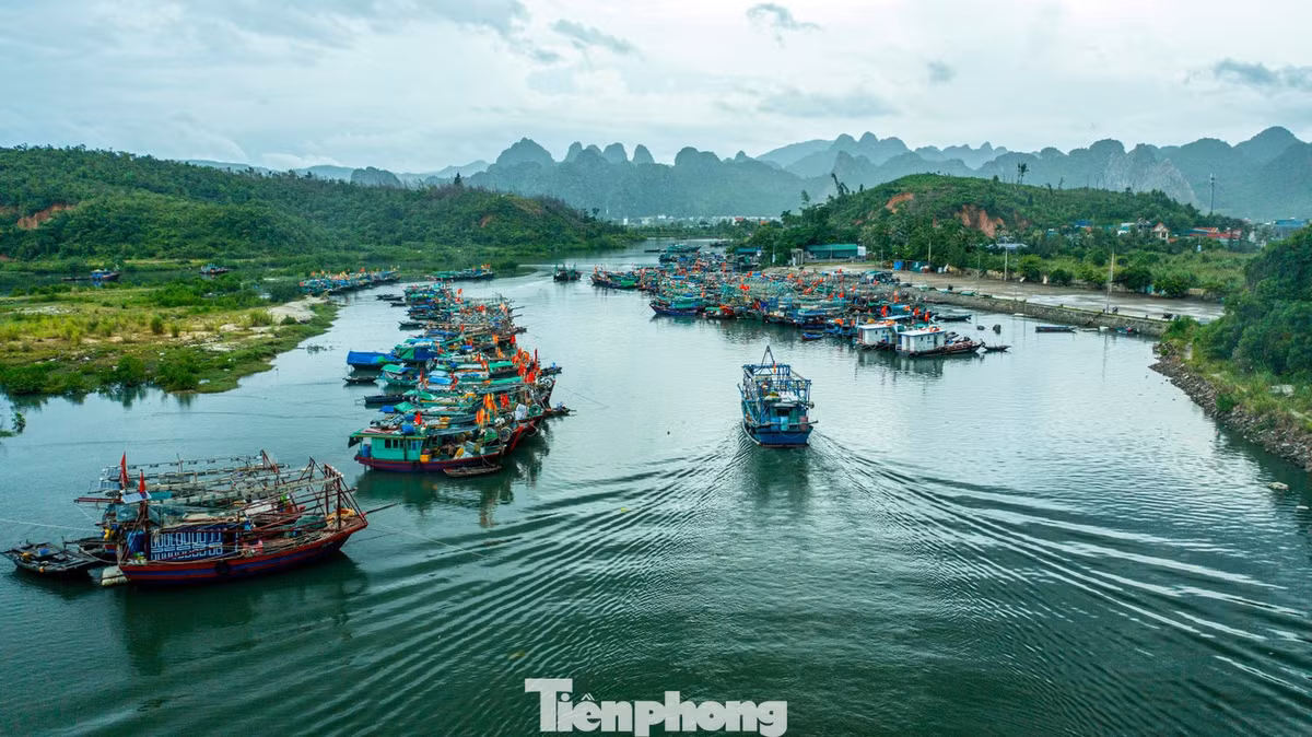 Tại khu vực cảng cá Cá Xà Cong, phường Hà Tu, những chiếc thuyền đánh cá cũng hối hả chạy về cảng để trú bão.