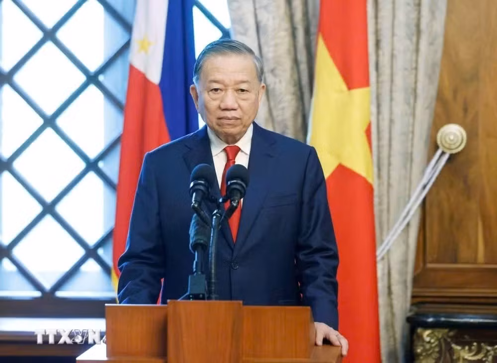 Tổng Bí thư, Chủ tịch nước Tô Lâm phát biểu tại cuộc gặp gỡ báo chí, thông báo kết quả hội đàm. (Ảnh: Thống Nhất/TTXVN)