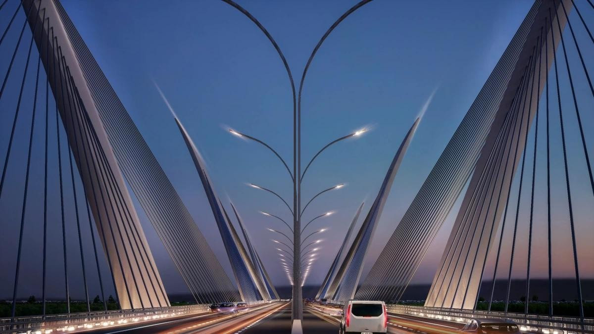 Các trụ cầu với thiết kế chữ V – điểm nhấn kiến trúc “Cánh chim hòa bình” của cầu Thượng Cát.