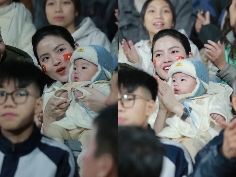 Vợ Quang Hải đưa con nhỏ lặn lội lên Việt Trì cổ vũ ĐTVN