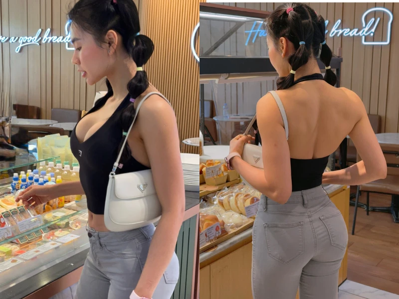 Hot girl phòng gym đi mua bánh ngọt vẫn hút trọn ánh nhìn
