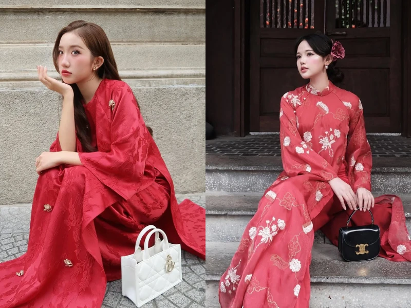 Nhiều hot girl xuống phố chụp ảnh Tết sớm tròng tà áo dài đỏ