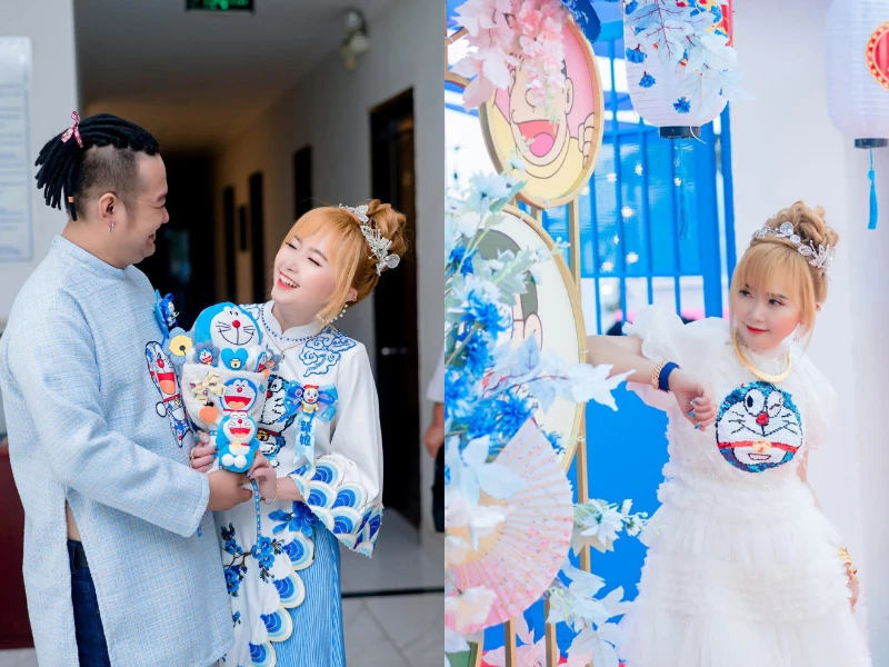 Đám cưới viral cõi mạng vì cô dâu chú rể mặc áo dài Doremon