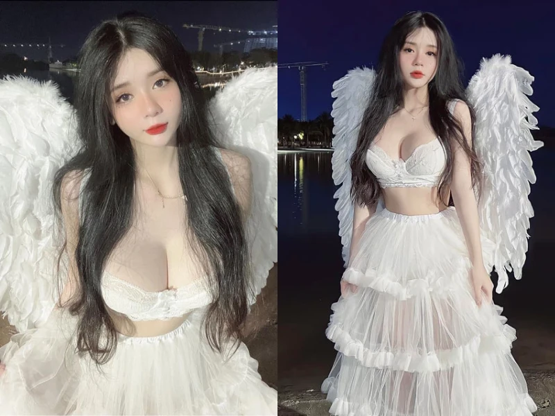 Nữ streamer hóa “thiên thần” gợi cảm, khoe cặp tuyết lê khủng