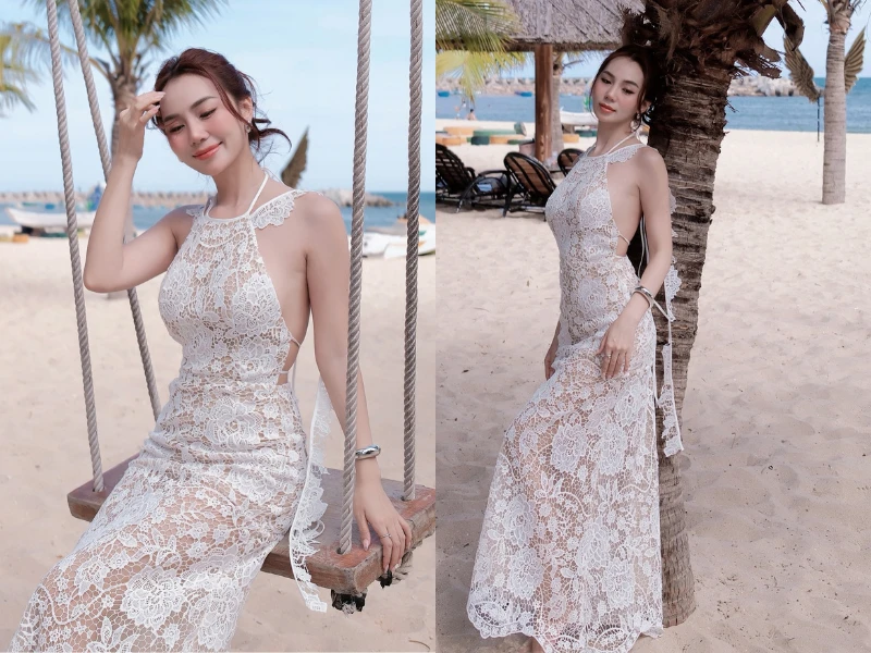 Nàng “TikToker triệu view” diện váy ren xuyên thấu khoe dáng trên biển
