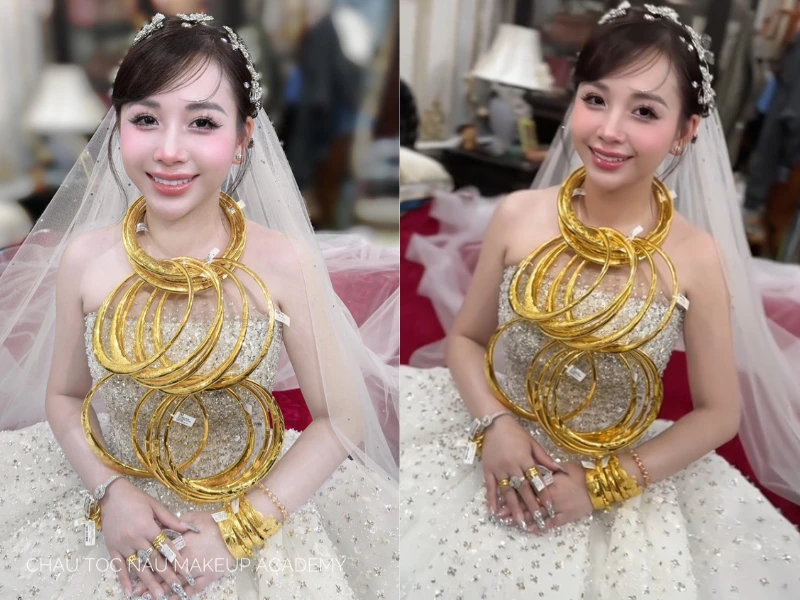 Cô dâu Thanh Hóa đeo vàng trĩu cổ khiến netizen rần rần “xin vía“