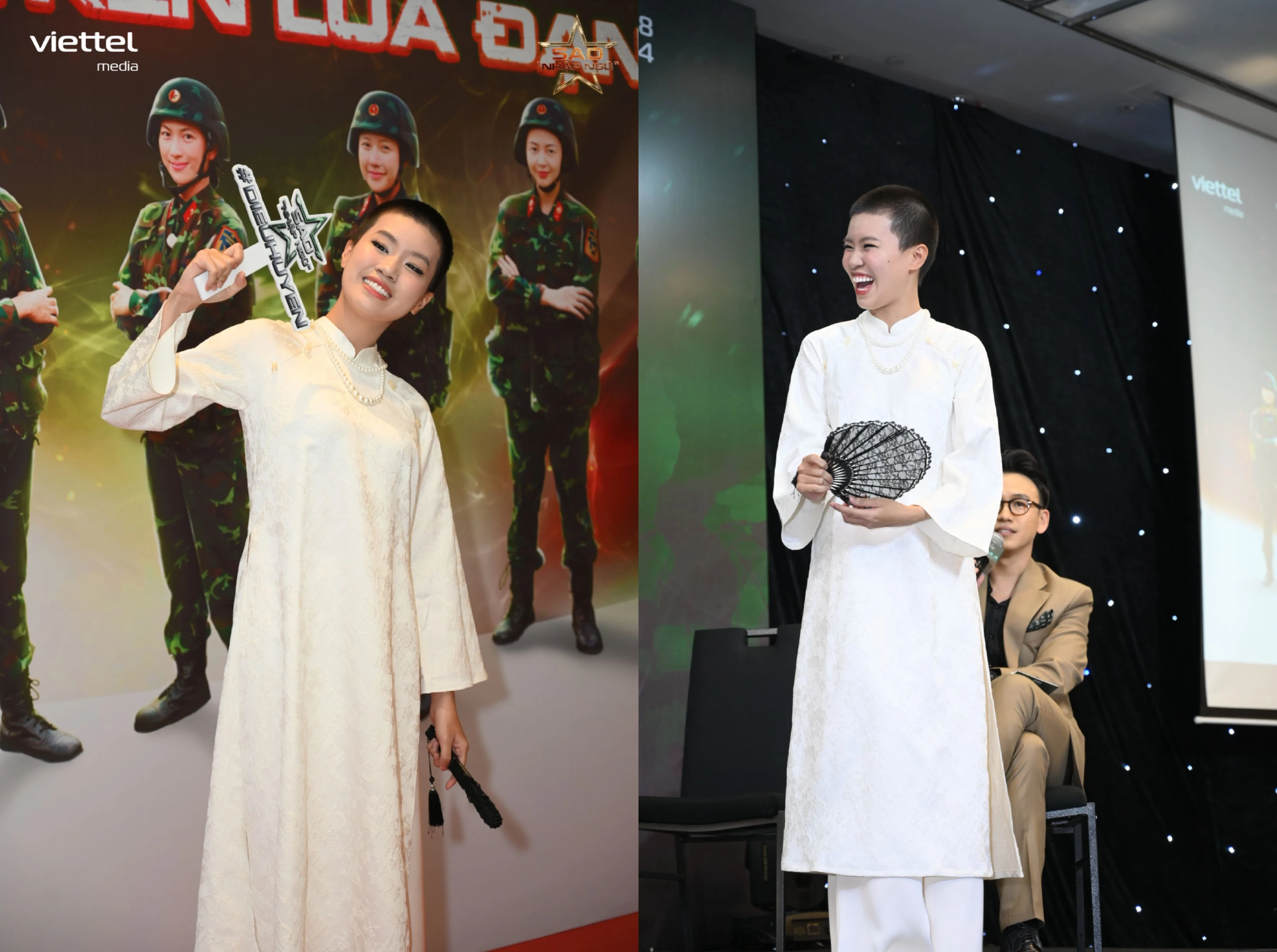 Rapper “Pháo xinh” diện áo dài, mái tóc cực chất tại gala Sao Nhập Ngũ