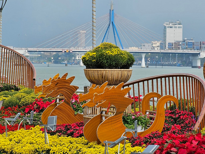 Hình ảnh linh vật rồng trở thành điểm nhấn độc đáo trên đường hoa Tết Đà Nẵng.