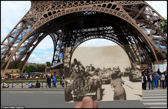 Hình ảnh tháp Eiffel ở Thủ đô Paris dưới thời phát xít Đức hồi năm 1940 và bây giờ.