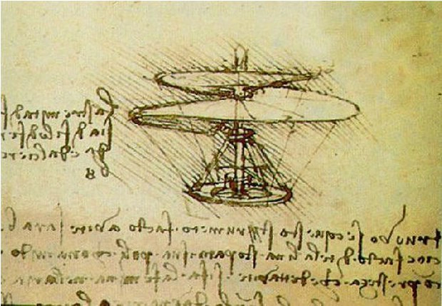 1. Máy bay: Leonardo da Vinci từng vẽ phác thảo cỗ máy biết bay dựa theo kiến thức giải phẫu học của loài chim và dơi. Đặc điểm nổi bật nhất trong thiết kế là đôi cánh khổng lồ kết nối với một khung gỗ và có phi công ngồi bên trong.