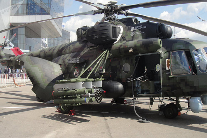 Các vũ khí Mi-171SH có thể mang theo ở hai bên cánh, gồn tên lửa chống tăng dẫn đường và rokcet phóng loạt. Nguồn ảnh: Sputnik.