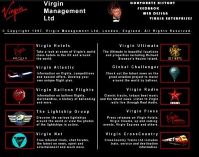 Trang web đầu tiên của Virgin Group khá tăm tối và dày đặc chữ.