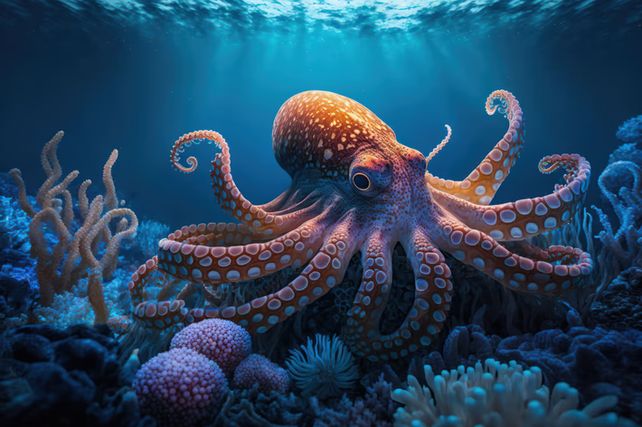3. Mắt của bạch tuộc (Octopus): Bạch tuộc sở hữu đôi mắt có cấu trúc độc đáo, với võng mạc hình cốc thay vì hình cầu như ở con người. Điều này giúp chúng điều chỉnh ánh sáng và nhìn rõ ràng dưới nước, nơi ánh sáng khúc xạ mạnh. Đôi mắt của bạch tuộc cũng có khả năng thay đổi màu sắc để ngụy trang, và chúng có thị lực rất tốt, giúp chúng săn mồi và trốn tránh kẻ thù một cách hiệu quả.(Ảnh: New Atlas)