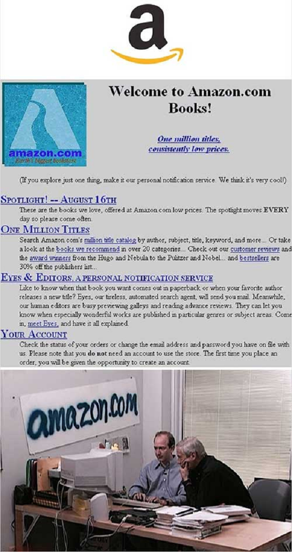 Amazon bắt đầu là một cửa hàng sách trực tuyến từ năm 1994. Người sáng lập là Jeff Bezos lúc đầu quyết định gọi hiệu sách là “Cadabra”, vài tháng sau ông đổi tên thành Amazon.com, Inc., sau khi bị một luật sư nghe nhầm tên ban đầu của nó là "tử thi".