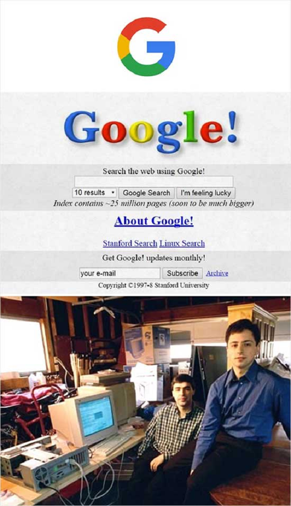 Google có nguồn gốc từ "BackRub", một dự án nghiên cứu được bắt đầu vào năm 1996 bởi Larry Page và Sergey Brin khi cả hai đều là nghiên cứu sinh tại Đại học Stanford ở Stanford, California. Dự án ban đầu cũng có sự tham gia của "người sáng lập thứ ba" không chính thức, Scott Hassan, lập trình viên chính, người đã viết nhiều mã cho công cụ Tìm kiếm Google ban đầu, nhưng đã rời đi trước khi Google chính thức được thành lập như một công ty.