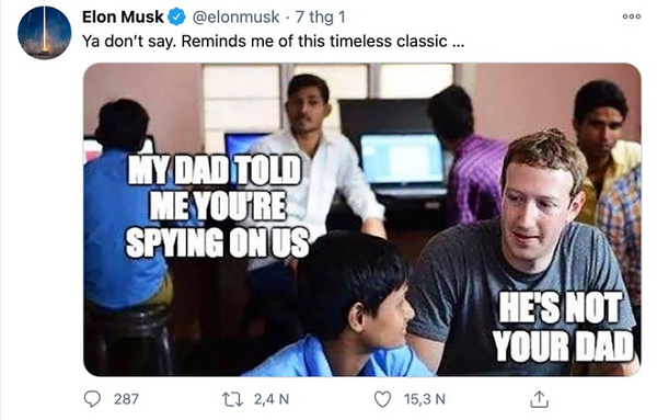 Elon Musk tiếp tục chỉ trích công khai Facebook vào tháng 2/2020. Trả lời bài đăng của diễn viên Sacha Baron Cohen kêu gọi chính quyền ban hành quy định đối với Facebook, Musk một lần nữa khuyên mọi người xóa ứng dụng này.