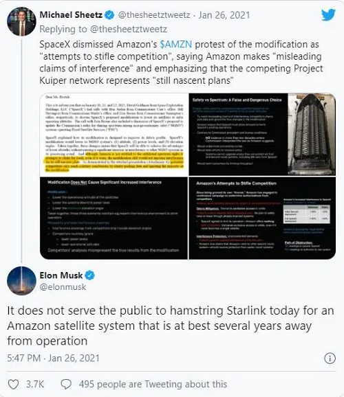 Amazon của Jeff Bezos nằm trong số các công ty phản đối yêu cầu của SpaceX, với lý do rằng việc sửa đổi sẽ ảnh hưởng đến các vệ tinh khác. Đáp trả, Elon Musk đã viết một dòng tweet.