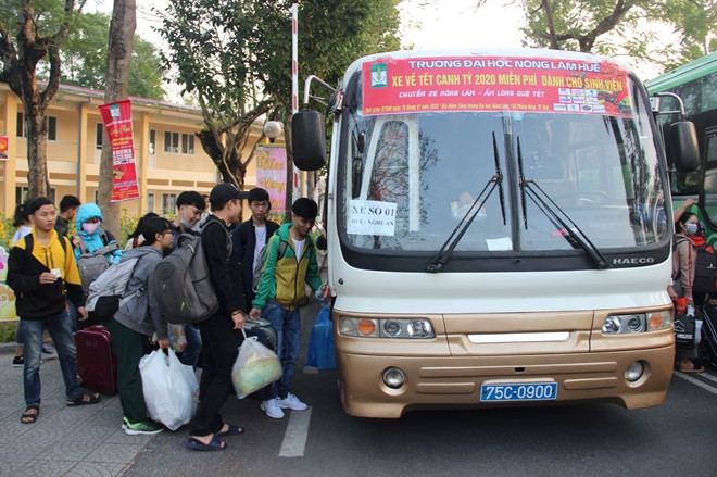 Cùng ngày, trường ĐH Sư phạm, ĐH Huế cũng đã tổ chức chương trình “Xuân gắn kết - Tết sẻ chia”, hỗ trợ vé xe miễn phí cho 110 sinh viên có hoàn cảnh khó khăn về quê đón Tết cổ truyền Canh Tý 2020. (Ảnh: Cand)