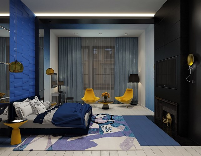 Phép tối giản: xanh và trắng Gam màu xanh dương được thiết kế lồng ghép với gam màu trắng và màu nâu đen của sàn nhà, mang đến sự tương phản về màu sắc cực kỳ ấn tượng. Rèm cửa sổ màu xanh dương kết hợp với giấy dán tường và thảm trải sàn màu trắng đến điểm nhấn quan trọng trong mẫu thiết kế nội thất này.