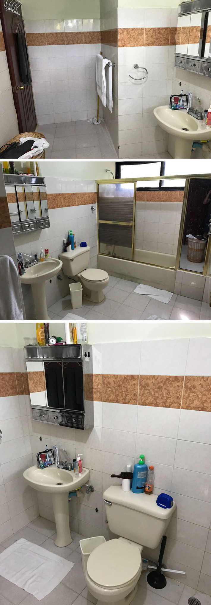 Phòng tắm được cải tạo áp dụng phong cách tối giản với gạch lát giả xi măng, kết hợp với gỗ tự nhiên, mang lại vẻ hiện đại mà không kém phần thân thiện và dễ chịu.