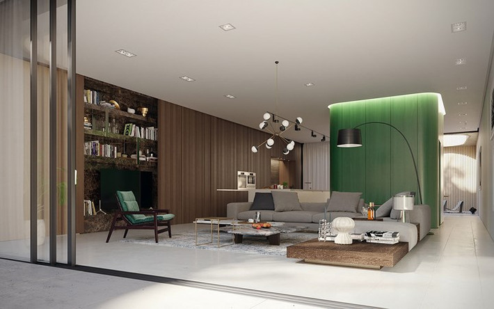 Khoảng sân lộ thiên là nơi mang lại nguồn sáng tự nhiên cho toàn bộ ngôi nhà, cửa kính trượt không cản sáng nhưng ngăn bụi và tiếng ồn cho khu vực sinh hoạt bên trong.