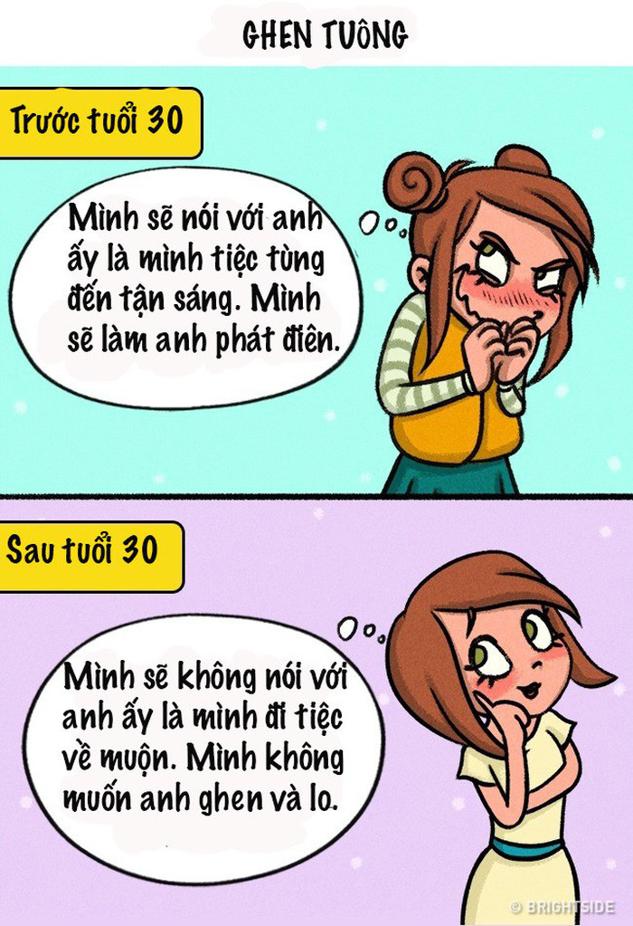 Những cô gái đôi mươi thích thú khi thấy người yêu ghen, vì họ tin rằng ghen là biểu hiện của tình yêu. Cô gái 30 tuổi biết đặt mình vào địa vị của người yêu để hiểu cảm giác của chàng.