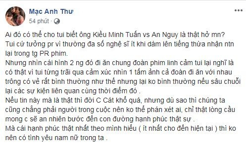 Làng giải trí hôm qua ai ai cũng giật status về chuyện tình yêu của Kiều Minh Tuấn- An Nguy. Người mẫu Mạc Anh Thư viết tút dài để thương xót Cát Phượng.