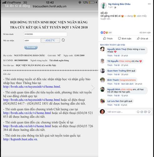 Mới đây, trên trang cá nhân facebook, thí sinh Hoa hậu Việt Nam 2018 - Nguyễn Hoàng Bảo Châu bất ngờ chia sẻ tin vui cô đã trúng tuyển vào trường Học viện Ngân hàng, Khoa Tài chính ngân hàng. Ảnh: FBNV