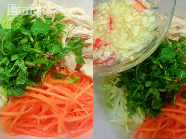 Bước 6: Cà rốt rửa lại bằng nước sôi để nguội cho bớt mặn rồi vắt khô. Bước 7: Cho tất cả các nguyên liệu vào một tô lớn trừ lạc và 1/2 số rau mùi + rau húng bạc hà. Sau đó đổ hỗn hợp nước vừa pha (bước 5) vào tô trộn đều, để khoảng 15 phút cho ngấm.