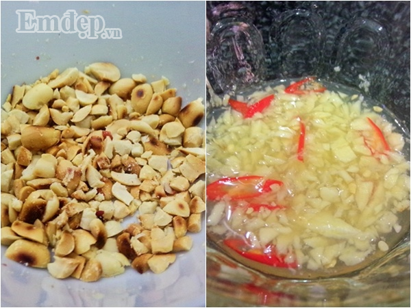 Bước 4: Lạc rang chín dã dập. Bước 5: Pha một bát nước trộn gồm: nước cốt 1 quả chanh + 2 thìa cơm đường + 1 thìa cơm nước mắm + tỏi + ớt.