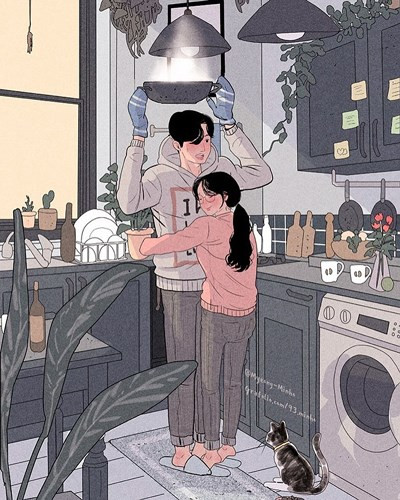 Cặp vợ chồng trẻ cùng nhau làm việc nhà, nấu ăn...