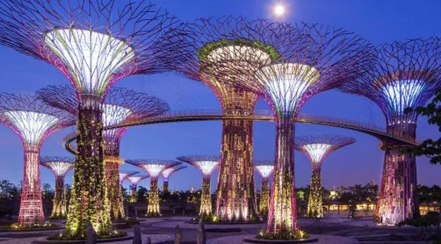 GARDENS BY THE BAY Năm 2006, một cuộc thi thế giới với hơn 70 bài dự thi để chọn thiết kế mang đến ý tưởng về một thành phố vườn tích hợp và thông minh đã được đưa ra. Thiết kế chiến thắng đã thuộc về Gardens by the Bay vào năm 2012. Gardens by the Bay được xây dựng trong một khu vực khai hoang lớn trên bờ sông Singapore. Khu vườn tương lai có " 16 tầng và hai nhà kính khổng lồ mô phỏng khí hậu khác nhau. Bầu không khí thậm chí còn ấn tượng hơn với ánh sáng ban đêm ngoạn mục. Toàn bộ dự án được lấp đầy với những ý tưởng sáng tạo và thông minh liên quan đến việc tái sử dụng nước, tiết kiệm năng lượng và bảo vệ hệ sinh thái.