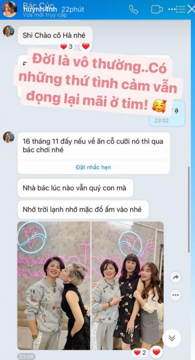 Sau đó, bạn gái cũ Quang Hải còn gây chú ý hơn khi tự tung tin nhắn hé lộ mối quan hệ hiện tại với mẹ Quang Hải. Theo đó, dù đã chia tay song Huỳnh Anh vẫn rất được lòng mẹ bạn trai cũ. Ảnh: Chụp màn hình