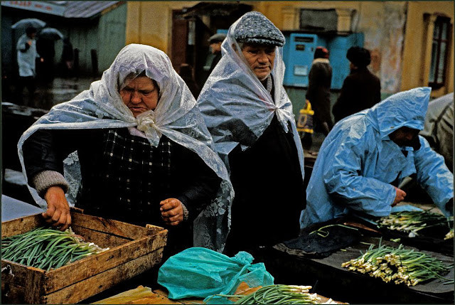 Những người bán hàng rau dưới trời mưa nặng hạt ở thành phố Ukraine. Ảnh VT